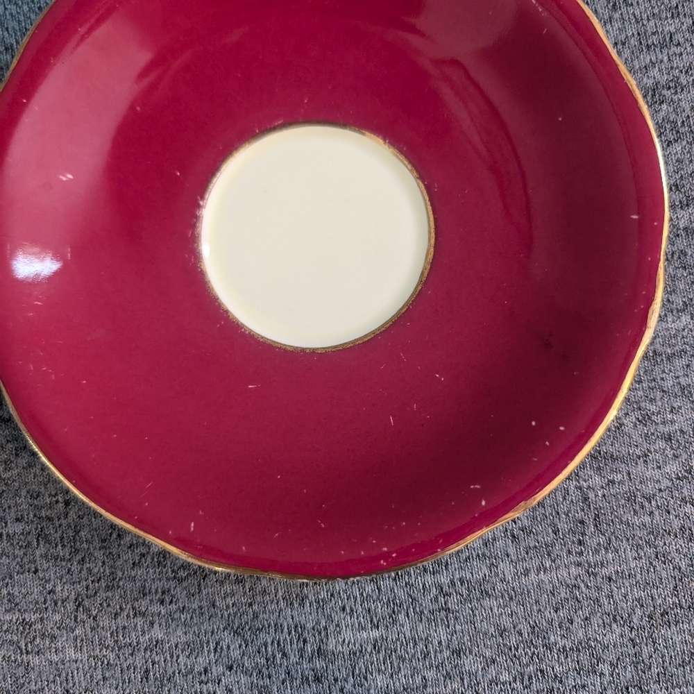 Aynsley Red/Magenta Tea Cup and Saucer with Floral Pattern and Gold Vines - Picture 5 of 5